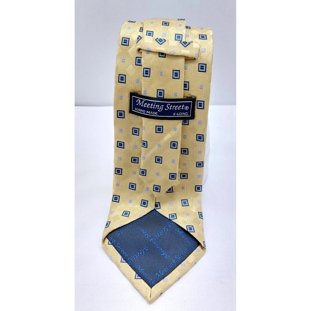 Meeting Street Mens Hand Made 100% Silk‎ Tie Gold Blue Extra Long 66